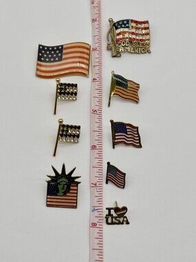 Lot of 9 Vintage American Flag Lapel Pins Brooch Patriotic Jewelry, Avon E. Hill
